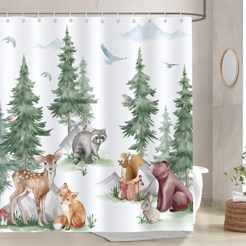 Bonhause Duschvorhang Waldtiere Baum Bär Hirsch Fuchs Kinder Duschvorhänge 180 x 180 cm Anti-Schimmel Wasserdicht Polyester Stoff Waschbar Bad Vorhäng für Badzimmer mit 12 Haken