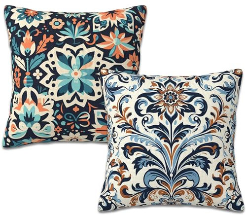 Naqiuli Kissenbezüge, Motiv: portugiesische Azulejo-Fliesen, 45,7 x 45,7 cm, moderner Landhausstil, dekorativer Kissenbezug für Sofa, Wohnzimmer, Büro, 2 Stück, NE2Q-PL6S1-ME10