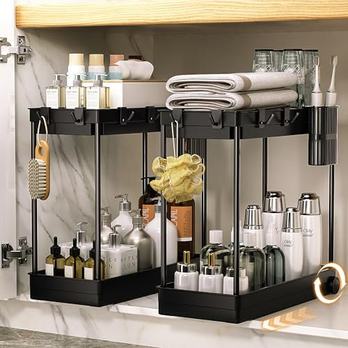 LORDISE 2 Pack Under Sink Storage Kitchen Organiser, 2 Tier Slide Out Under Sink Organiser, Multi-Purpose Under Sink Cabinet Basket Organiser with 4 Hooks 1 Hanging Cup for Bathroom Kitchen (Black)