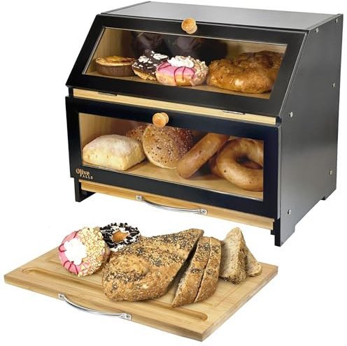Olive Falls Large Two Layer Black Bread Bin & QUALITY CUTTING BOARD - Stylish Black. Clear Acrylic Windows and Ventilation Holes keep your Bread Storage Fresh For Longer. Easy Home Self Assembly