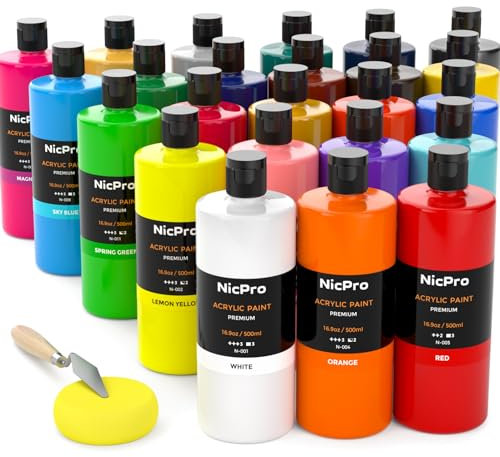 Nicpro 24 Colors Large Bulk Acrylic Paint Set (16.9 oz,500 ml) Non Toxic Artist Painting Supplies for Multi Surface Canvas, Wood, Fabric Leather, Rock, Glass, Paper, Crafts, Hobby with Color Wheel