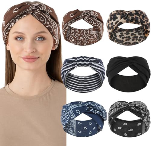 Tyqour 6 Stück Stirnband Damen Breite Elastische Weiche Print Haarschmuck Sommer Boho Haarband Leopard Print Haarschmuck Yoga Sport, Laufen, Fitnessstudio, Schweißabsorbierende Stirnbänder