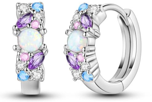 NARMO 925 Sterling Silver Hoop Opal Earrings for Women Purple Cubic Zirconia Small Silver Hoops