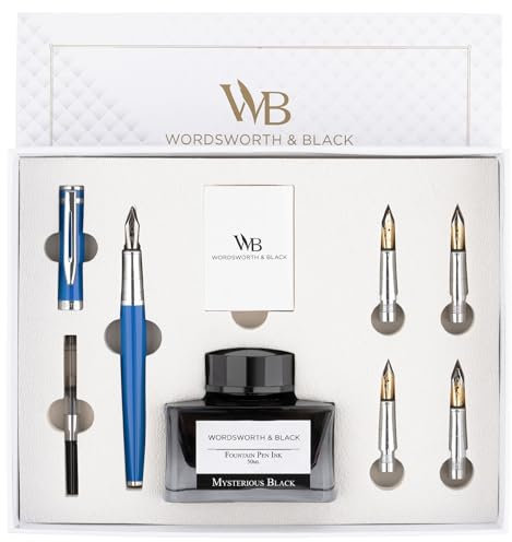 Wordsworth & Black Füllfederhalter-Geschenkset, beinhaltet Tintenflasche, 6 Tintenpatronen, Tintenauffüllkonverter, 4 Ersatzfedern, Premium-Paket, Journaling, Kalligraphie, [Blauer Chrom]