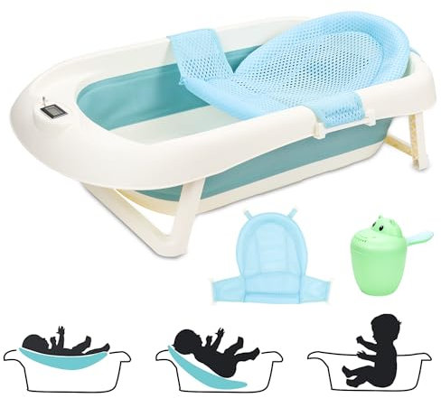 Daromigo Babybadewanne Faltbar Baby Badewanne, Babywanne mit Thermometer Badematte Wasserschaufel, Neugeboren Babys 0-36 Monaten Jahre, Ablaufstöpsel mit Farbwechsel bei Hoher Temperatur, Grün