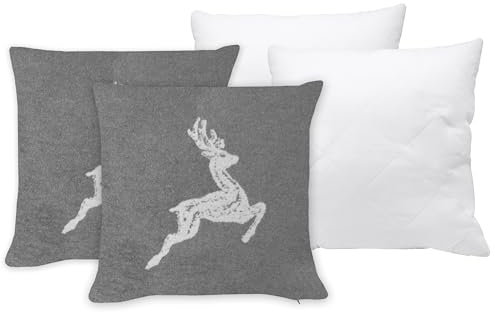 ZOLLNER 2er Set aus Kissen und Kissenbezüge in 50x50 cm - Flauschige und weiche Kissenhüllen in grau - Trendige Hirscheinwebung in grau - Mischgewebe - waschbar bis 40°C – Oeko Tex® Zertifiziert