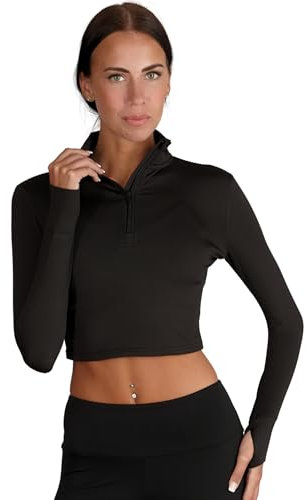 Silky Dance 1/4 Zip Long Sleeve Crop Top Jacket for Girls, Quarter Zip Gym Top, Sports Yoga Dance - Black - Age 11-13