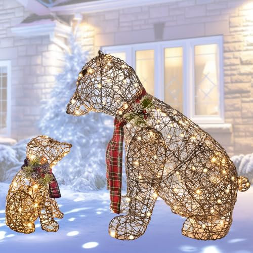 Beleuchtete Eisbärenfamilie aus Rattan, 2 Stück – große, wetterfeste, beleuchtete Weihnachtsdekoration für den Außenbereich für Vorgarten und Rasen mit 140 LED-Lichtern, Erdspießen– Braun