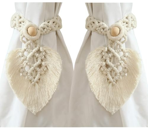 janeunique 2 Stück Vorhang Raffhalter Boho Deko, Gewebte Blätter Makramee Gardinenhalter, Vorhang Seil schnallen für Wohnzimmer, Schlafzimmer - Beige