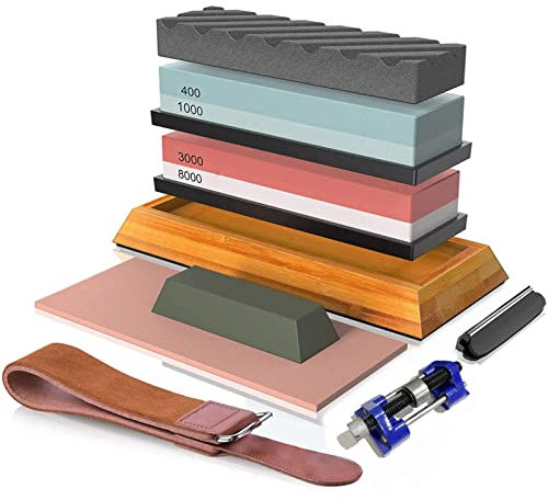Pretfy Professionelles Messerschärfer-Set, 400#/1000# 3000#/8000# Premium-Schleifstein, Schleifstein-Set, Schärfer, rutschfeste Basis, Cutter-Schärfer