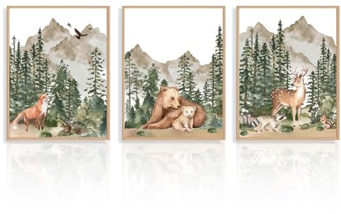 Dazzlewall 3 Stück Kinderzimmer Tiere Wandbilder, Hirsch Bär Fuchs Wand Kunstdrucke, Aquarell Waldtiere Leinwand Bilder für Baby Kinderzimmer Dekor 30x40 cm Ungerahmt