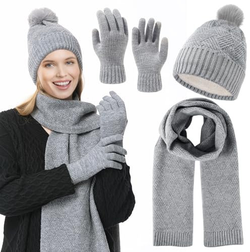 Qunkun Wintermütze Schal, Plüsch-Mütze Socken Ohrenschützer, Touchscreen Handschuhe, Warme Praktisch Strickmütze Nackenwärmer Für Männer und Frauen (3PCS)