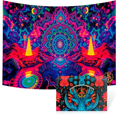 Dragon Fungi Wandteppich, Schwarzlicht, UV-Licht, Mandala, Wandteppich, UV-Licht, Gamer, Wanddekoration, Wohnzimmer, 100 % Polyester, 150 x 200 cm