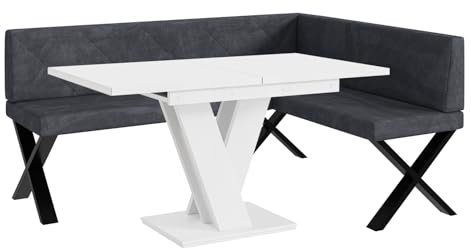 MEBLINI Eckbank für Esszimmer mit ausziehbarem Tisch - Küchenbank - Essecke - Sitzecke Küche - ERIC - X-Beine 128x168x87cm Rechts - Dunkelgrau Samt/M Weiß Matt