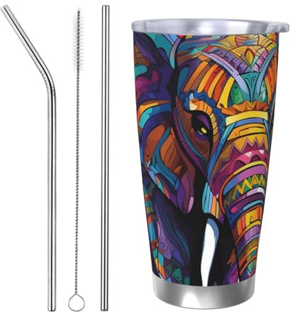 FJWSLCH 20oz Stainless Steel Tumbler with Lid and Straw Travel Coffee Mug Vacuum Insulated Travel Mug Double Wall Car Cup Thermal Mug Colorful Elephant Tumblers Gifts for Women Men