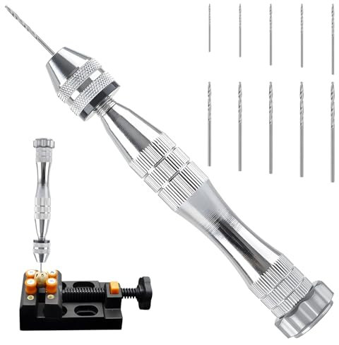 Taladro de mano para moldes de resina, Vise Plateado de 12 cm con 10 brocas de acero, Herramienta de precisión para perforar resina y arcilla, para manualidades y joyería artesanal