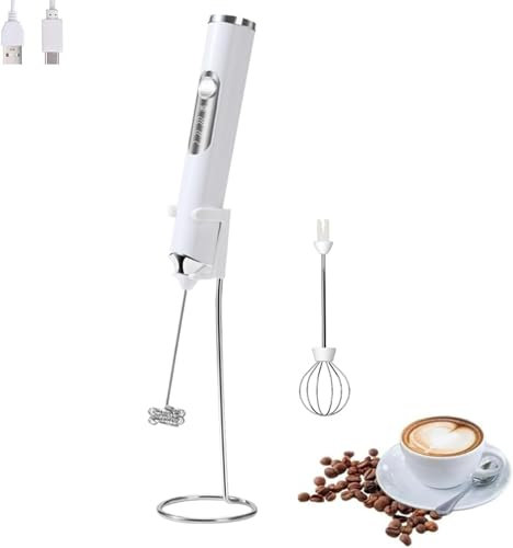 FIOUSY Mousseur à lait électrique portable avec 2 têtes, fouet mélangeur à mousse avec USB rechargeable 3 vitesses, mélangeur de mousse pour latte, cappuccino, chocolat chaud, œuf (Blanc avec support)