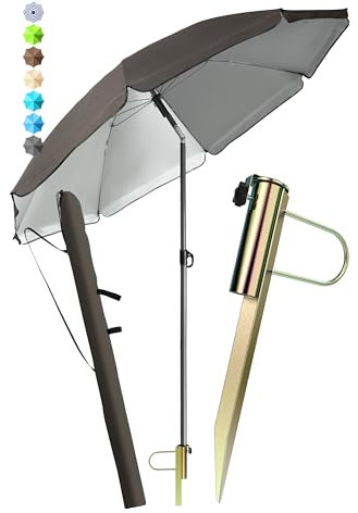 Menz Sonnenschirm Strand Ø 180 cm in Taupe, 3-IN-1 Set - UPF 50+ Strandschirm windfest stabil + Schirmhülle + Rasendorn Sonnenschirmhalter - Sonnenschirm mit Rasendorn für Garten, Schirmspieß