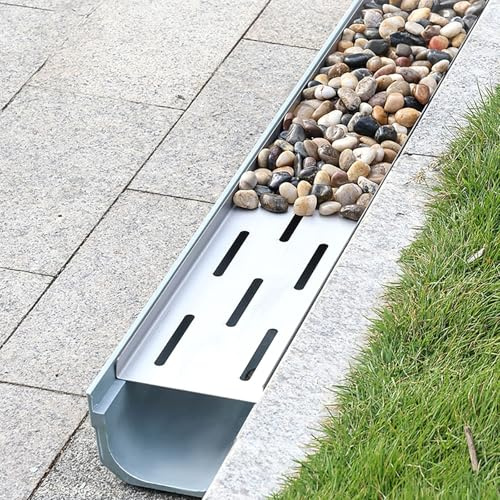 Caniveau de drainage extérieur résine, grille inox amovible, pose facile, cache galets décoratif, système évacuation eau pluviale terrasse, jardin, allée, garage, trottoir(W17xH15cm/6.6x5.9in)
