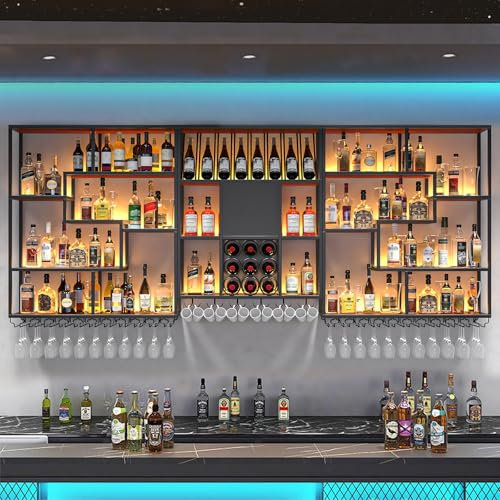 Étagère Murale Moderne En Métal Pour Vin,Porte-Bouteilles Muraux Industriels Avec Porte-Verre,Support En Fer Avec Étagères,Pour Maison,Restaurant,Bars(Black,200x120cm(78.7x47.3in))