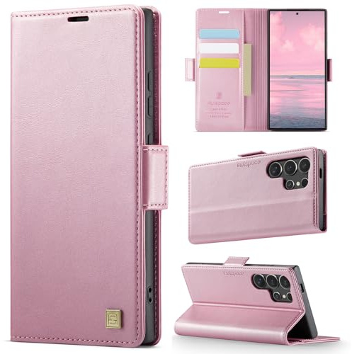 Teeirllim Hülle für Samsung Galaxy S24 Ultra 5G Handyhülle, RFID-Blockierung, Premium PU Leder, Kartenfach Klappbar Tasche Flip Case, Klapphülle Schutzhülle für Samsung Galaxy S24 Ultra, Rosa