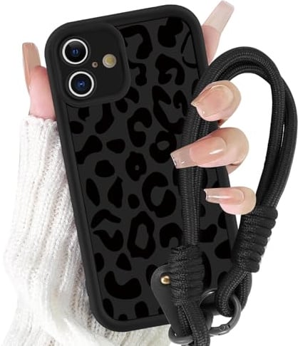 Phoona Cute Black Leopard for iPhone 16 6.1 Phone Case, Aesthetic Girly Phone Case with Phone Charms Chain Bracelet,Soft Shockproof Protective Cover Funda Cover for Women Girls