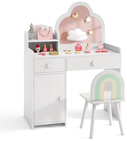 COSTWAY Kinder Schminktisch wolkenförmig, 2 in 1 Frisiertisch mit Hocker, Schminkkommde aus Holz mit Spiegel, Schrank & 2 Schubladen, Kosmetiktisch Mädchen für Kinder ab 3 Jahren, Weiß