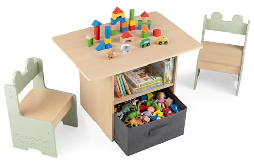 COSTWAY Kindertisch mit 2 Stühlen in Krokodilform, 3 TLG. Kindersitzgruppe aus Holz mit Stauraum, & Stoffschublade, Aktivitätstisch, Maltisch Kinderzimmer für Kinder ab 3 Jahre (Grün)