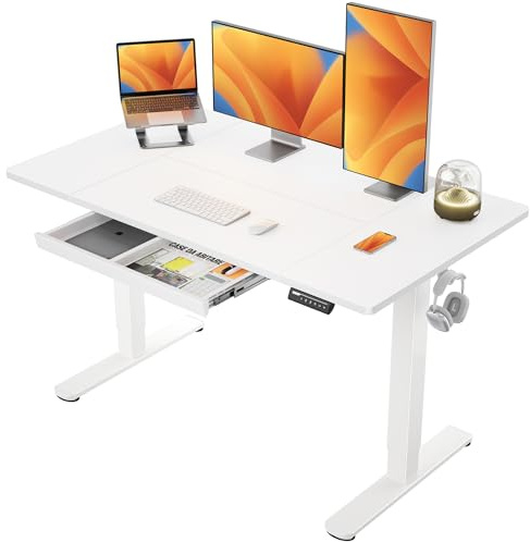 ErGear Höhenverstellbarer Schreibtisch mit Schublade, 140x80 cm, Weiß | Schreibtisch Höhenverstellbar, 4-Speicher-Smartpanel, mehrteilige Platte, T-Fuß-Design, robust und standsicher.