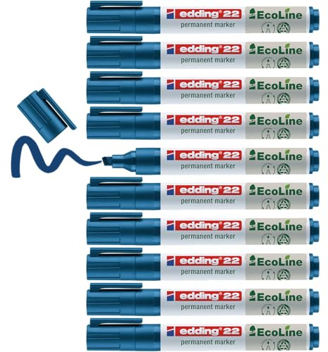 edding 22 Ecoline Permanent Marker - Blue - Box of 10 - Chisel tip 1-5 mm - Waterproof, Quick-Drying, Smear-Proof pens - for Cardboard, Plastic, Glass, Wood, Metal and Fabric - refillable