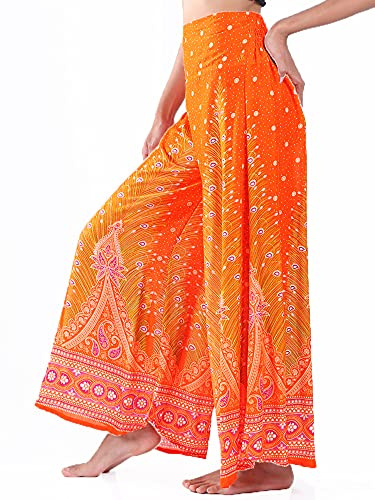 Lofbaz Femme Jambe Large Palazzo Pantalon Yoga Hippie Sarouel Fluide Pantalon - Paon - Orange et Rouge - L