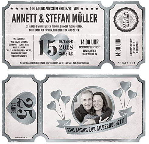 30 x Lasergeschnittene Silberhochzeit Einladungen mit Ihrem Inhalt und echtem Abriss - Vintage Ticket Luftballons