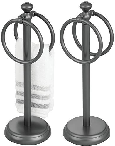 mDesign porte-serviette autoportant pour l'évier – porte-serviettes sur pied à 2 anneaux pour petites serviettes d'invités ou sèche-mains – rangement de serviettes compact en métal – lot de 2 – gris
