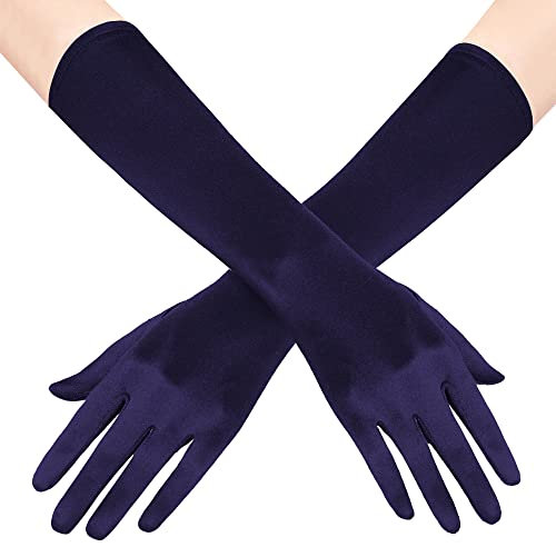 BABEYOND Lange Opera Party 20er Jahre Satin-Handschuhe, dehnbar, Erwachsenengröße, Ellenbogenlänge: 38,1 cm, marineblau, Eine Größe passt meistens