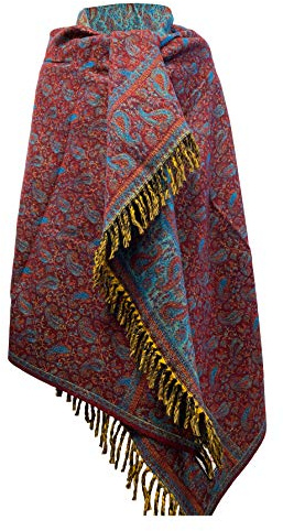 TIBET Winterschal mit Blumenmuster und Paisleymuster, handgefertigt, luxuriös, Dekoration, Decke, Übergröße, wendbar, Winterschal, Geschenk, Kastanienbraun, One size