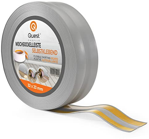 Quest Weichsockelleiste Selbstklebend, PVC Sockelleiste, Abschlussleiste - 32 mm x 23 mm - Flexible Knickleiste für Innenbereich, Wand, Boden - Dicht, Dekorativ - 25 Meter, Grau