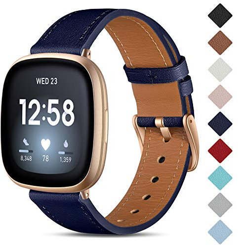 CeMiKa Leder Armband Kompatibel mit Fitbit Sense/Fitbit Versa 3 Armband, Original Lederband Ersatzband mit Edelstahl-Verschluss Kompatibel mit Fitbit Versa 3 Armband, Blau/Roségold