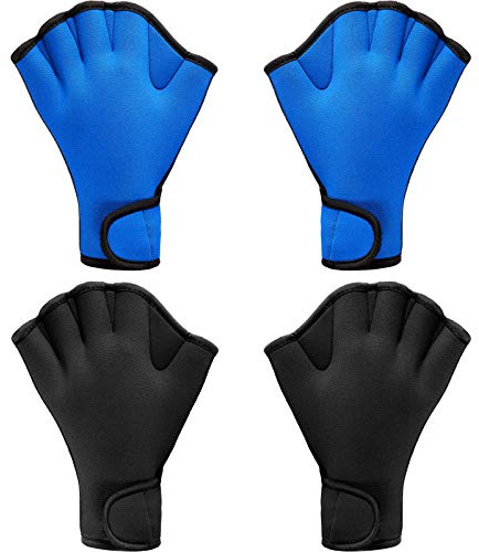 Sumind 2 Pairs Swimming Gloves Aquatic Training Gloves Neoprene Mittens Webbed Fitness Water Resistance Training Mittens for Men Women Swimming Diving with Wrist Strap(Large,Black, Blue)