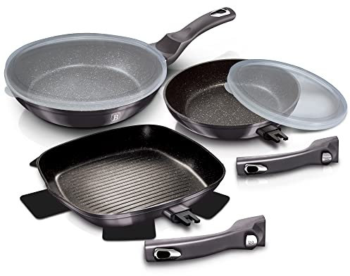 Juego de sartén de aluminio antiadherente de 5 piezas con mango desmontable de inducción de parrilla (negro carbono)