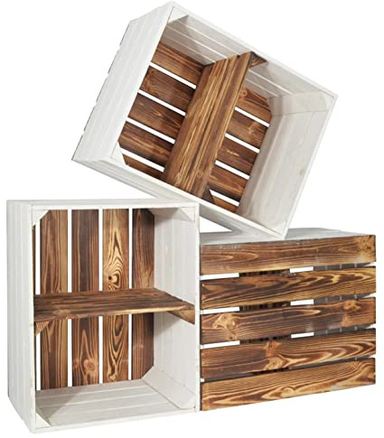 CHICCIE 3 Set Holzkiste Grete Geflammt Weiß 50x40x30cm - Kurzes Regal Weinkiste
