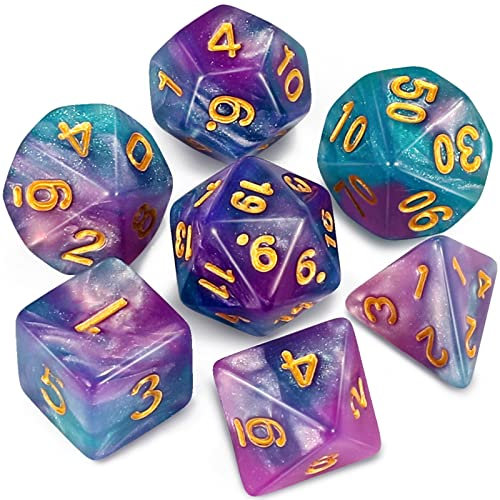 QMAY DND Dice Polyedrisches Würfel Set - 7 Stück für Dungeon und Dragons MTG RPG D&D D20, D12, D10, D%, D8, D6, D4 (Lake Blue Mix Violett+Glitter)