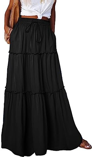 EARKOHA Damen-Maxirock, Röcke mit hoher Taille, gestufter Paisley-Druck, langer Maxirock mit Taschen, Solid Black, XX-Large