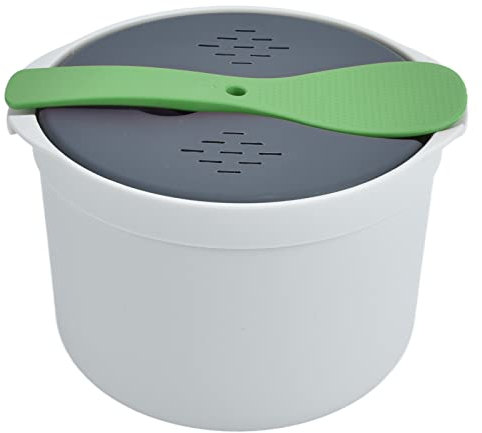 Hervidor de Arroz para Microondas, 2L Cocedor y Grano Microondas con Colador Tapa Cuchara Arrocera Guisada Cocina Cocinar Contenedor Alimentos Redondo Utensilios Especiales Horno Olla Vapor