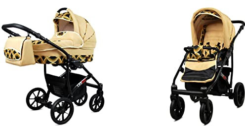 BabyLux Largo 2-in-1 Baby Kinderwagen Tief und Kinderwagen mit Zubehör Verstellbar und faltbar Aluminiumkonstruktion Wasserdicht Nicht abnehmbare Räder Black Aqua Black Frame