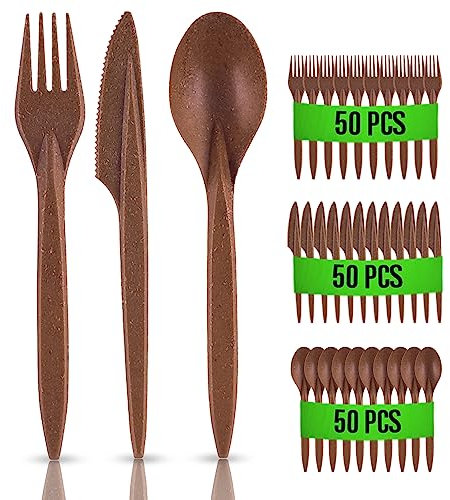 Rago® Kit Couvert en WPC Réutilisables 150 pcs PREMIUM Ensemble de camping Outdoor Couverts de fête réutilisables en bois I Alternative aux couverts en plastique