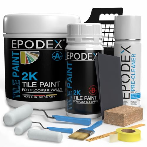 EPODEX 2K Fliesenfarbe Badezimmer & Küche mit Zubehör-Anthrazitgrau Pastell | Hochwertige Farbe für Wand- und Bodenfliesen, wasserfester & abriebfester Fliesenlack, 1,8kg - 7m² für 2 Anstriche