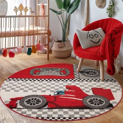 Carpettex Kinderteppich Rennwagen Design Rot 120 cm Rund - Kurzflor Teppich Kinderzimmer für Mädchen und Jungen Pflegeleicht Weich - Waschbarer Spielteppich Babyteppich Gaming Teppich Babyzimmer