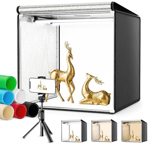 Boîte à Lumière 40x40CM, Couleeur 5600K Boîte Studio Photo Equipé de Tissus Légers Doux, 6 Panneaux de Fond Colorés et 120LED, Box Photo Studio Adaptée à la Présentation de Produits