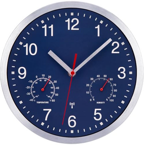 NESIFEE Funkwanduhr Geräuschlos Funkuhr Wand Wanduhr Funk Ohne Tickgeräusche mit temperaturanzeige und Feuchtigkeitsmesser lautlos Leis kein Ticken Blau gut lesbar für Wohnzimmer Büro Küche Uhr