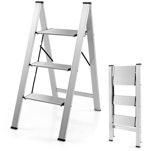 COSTWAY 2/3 Folding Step Ladder, Aluminum Tread Stepladder with Anti Slip Pedal and Footpads, 150kg Capacity Portable Safety Household Ladder Stool (3 Step)